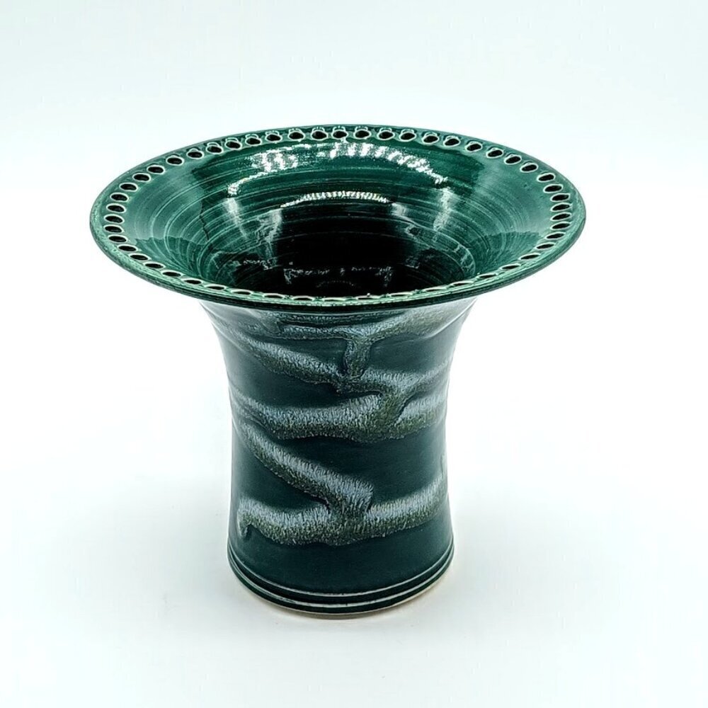 Handmade Barb Lund Green Drip Glazed Perforated Rim Vase